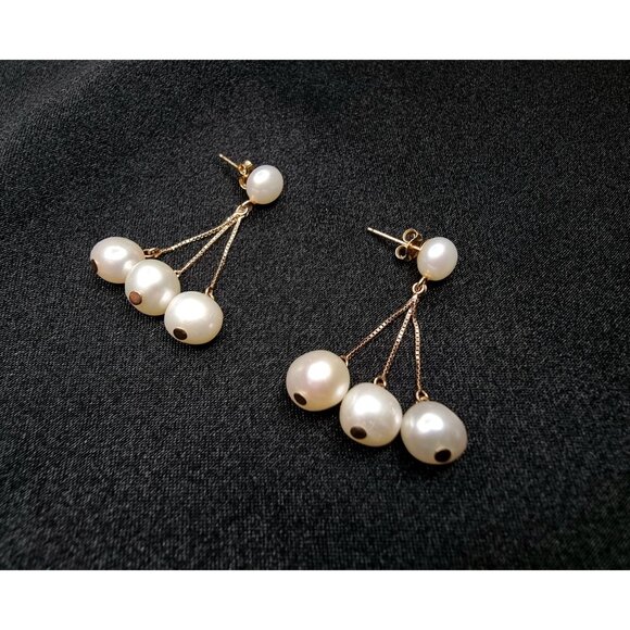 Vintage 14K Solid Gold Freshwater Pearl Dangle Earrings - Picture 2 of 4
